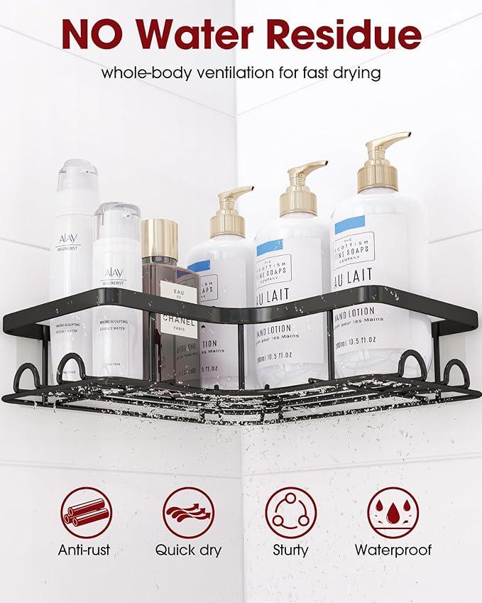 Corner Shower Caddy - 2 Pack, Adhesive Shower Organizers, Rustproof Stainless Steel Shower Shelves with 8 Hooks, No Drilling Bathroom Organizers and Storage Racks, Space-Saving, Black,Medium - ModernBath