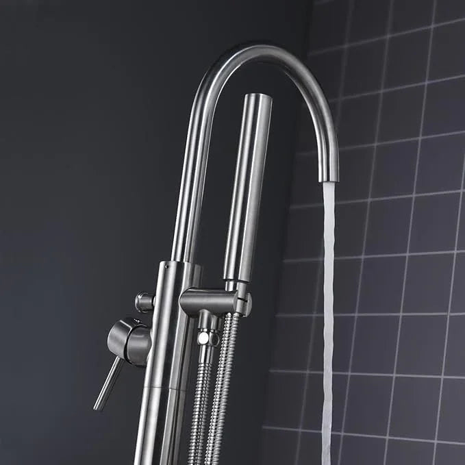 Freestanding Tub Filler Bathtub Faucet Brushed Nickel Floor Mount Single Handle Brass Faucets with Hand Shower - ModernBath