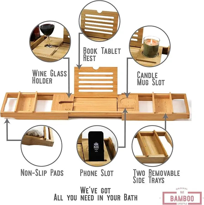 XcE Bamboo Bathtub Caddy Tray - Expandable to 41 Inches with Book Stand, Soap Holder & Anti-Slip Pads for Luxury Bath Spa, Natural - ModernBath