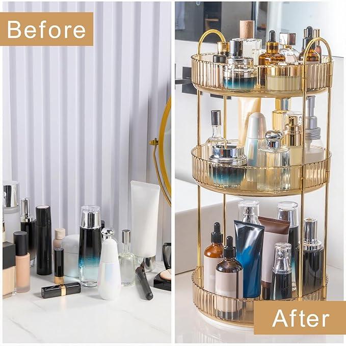 INVSSENE 360 Rotating Makeup Organizer, Yellow, Unisex, 3 Tier Countertop Storage, Fits Cosmetics, Perfume, Skincare, Lipsticks - ModernBath