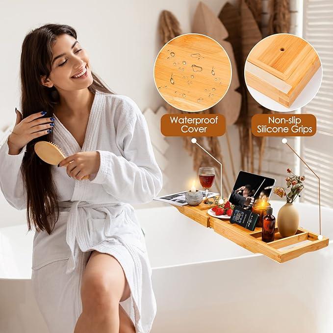 Foldable Bathtub Caddy Tray, Bamboo Bath Tub Tray Table for Tub with Wine Glass Holder Book Phone Tablet Holder with Extending Sides, Adjustable Bathroom Bathtub Free Soap Holder Gift Idea (Beige) - ModernBath