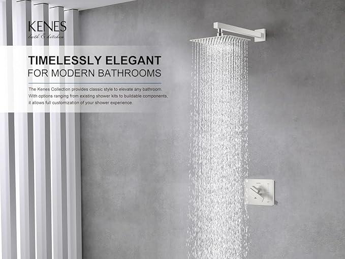 KENES Brushed Nickel 10-Inch Shower Head and Handle Set, Square Shower Faucet Set Bathroom Rainfall Shower System Wall Mount, KE-6024B (Shower Valve Included) - ModernBath