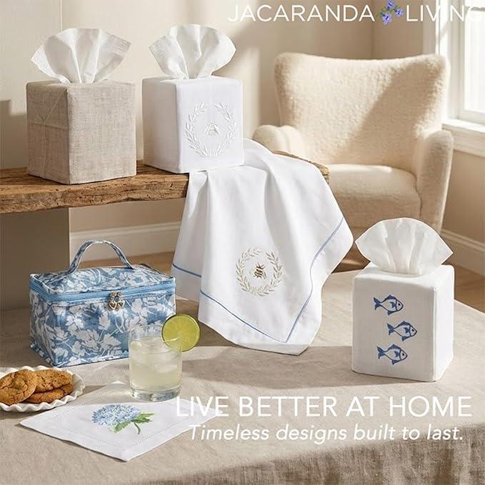 Jacaranda Living Square Tissue Box Cover, Linen/Cotton Fabric Tissue Holder, Decorative Cloth Tissue Cube Cover, Coastal Designs School of Fish, Blue - ModernBath