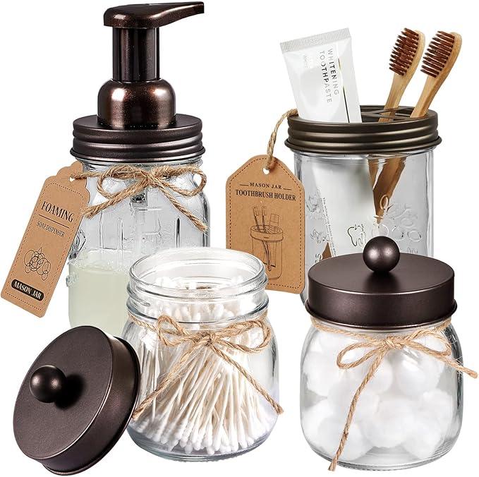 Amolliar Mason Jar Bathroom Accessories Set 4 Pack - Foaming Soap Dispenser&2 Qtip Holders&Toothbrush Holder-Rustic Farmhouse Decor Bathroom Organizer Apothecary Jar Country Countertop (Bronze) - ModernBath
