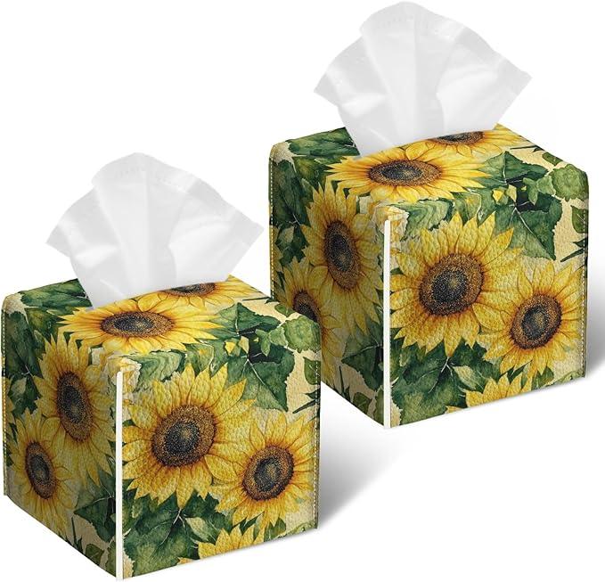 Watercolor Sunflower Tissue Box Cover 2PCS, Leather Tissue Box Holder Square Facial Paper Case Tissue Box Cube Organizer for Bathroom Bedroom Desk Office - ModernBath