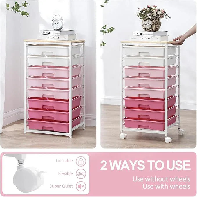Rolling Cart with Drawers,Storage Cart with 8 Drawers and Wooden Tabletop,Utility Cart for Living Room,Classroom, Bedroom,Bathroom,Dorm,Office,Rose Pink - ModernBath