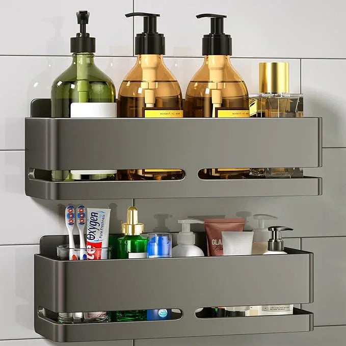 Shower Shelf, 2-Pack, Heavy-Duty Bathroom Storage Shelf, Large Capacity No-Drill Bathroom Organizer, Gray Metal Storage Basket, Adhesive Installation - ModernBath