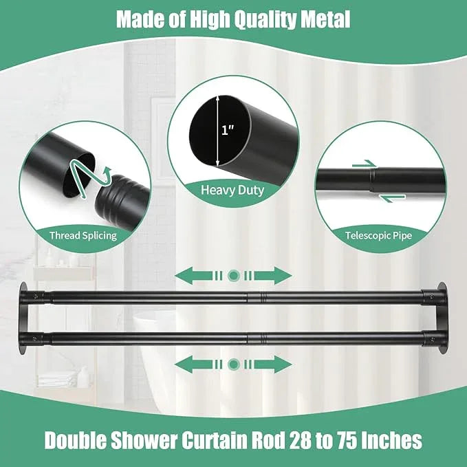 Anndason Double Shower Curtain Rod 28 to 75 Inches Elegant Double Shower Rod Adjustable Wall Mounted Double Shower Curtain Pole for Bathroom (Black, 28 to 75") - ModernBath