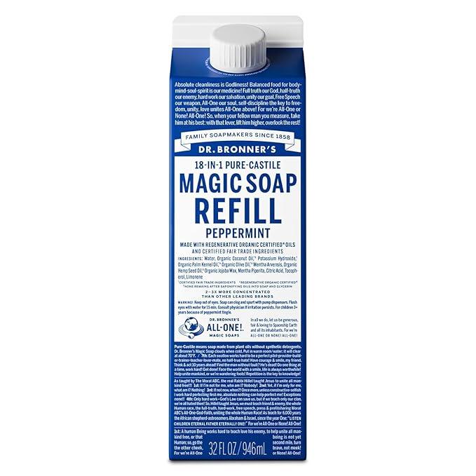 Dr. Bronner's Pure-Castile Liquid Magic Soap Refill - Made with Regenerative Organic Certified Oils, 86% Less Plastic - 18-in-1 Uses for Face, Body Wash, Hand Soap Refill & More - Peppermint, 32oz - ModernBath