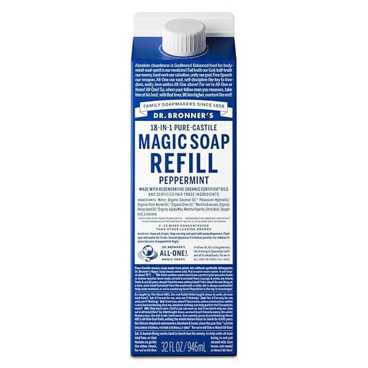 Dr. Bronner's Pure-Castile Liquid Magic Soap Refill - Made with Regenerative Organic Certified Oils, 86% Less Plastic - 18-in-1 Uses for Face, Body Wash, Hand Soap Refill & More - Peppermint, 32oz - ModernBath