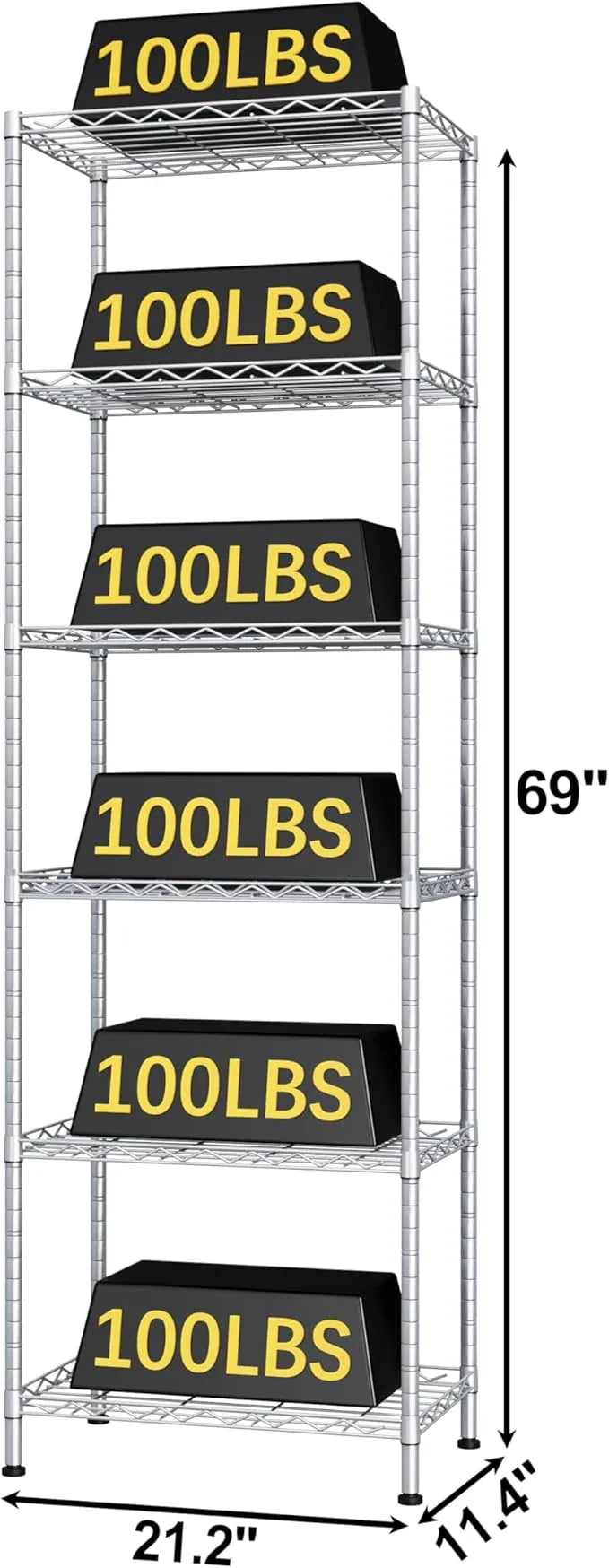 HOMEFORT 6-Shelving Unit, Adjustable Wire Shelving, Metal Wire Shelf Rack Organizer for Kitchen, Pantry, Closet, Bathroom, Laundry, Sliver,21" W x 11" D x 69" H - ModernBath