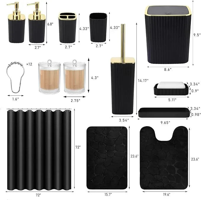 XLHOMO Bathroom Set with Shower Curtain and Rugs- 25PC Bathroom Accessory Set, Black Shower Curtain Set, Toilet Brush, Trash Can, Qtip Holder Dispenser & Soap Dispenser - ModernBath