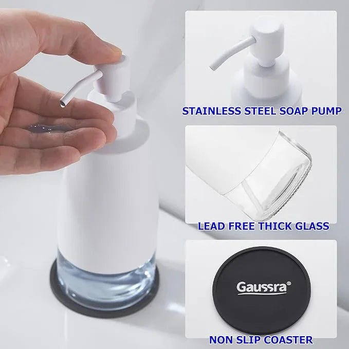 Gaussra White Soap Dispenser with Coaster and Stickers, Stainless Steel and Glass Bottle Hand Pump Dispenser, Refillable Liquid Hand Soap Dispenser for Bathroom & Kitchen (11OZ / 320ML) - ModernBath