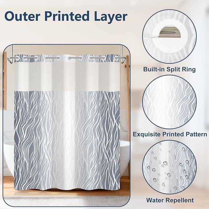 Ombre Light Blue Striped Shower Curtain with Liner, Aesthetic Hotel Luxury Bathroom Curtains, Modern Geometric Minimalist Double Layers No Hook Shower Curtain, Washable Waterproof Fabric, 71x74 inch - ModernBath