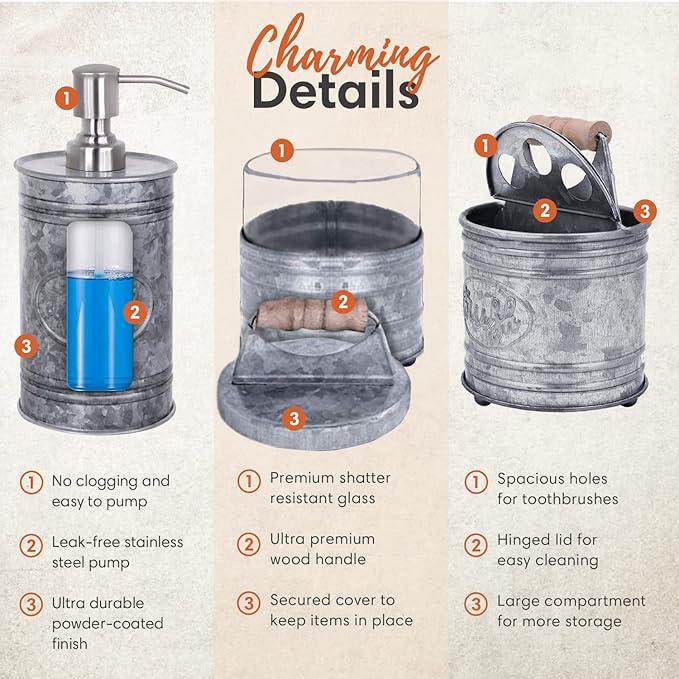 Autumn Alley Rustic Bathroom Accessories Set 4 - Galvanized Soap Dispenser, Rustic Toothbrush Holder, 2 Apothecary Jars Qtip Holder - Western Bathroom Decor – Farmhouse Bathroom Decor Accessories - ModernBath