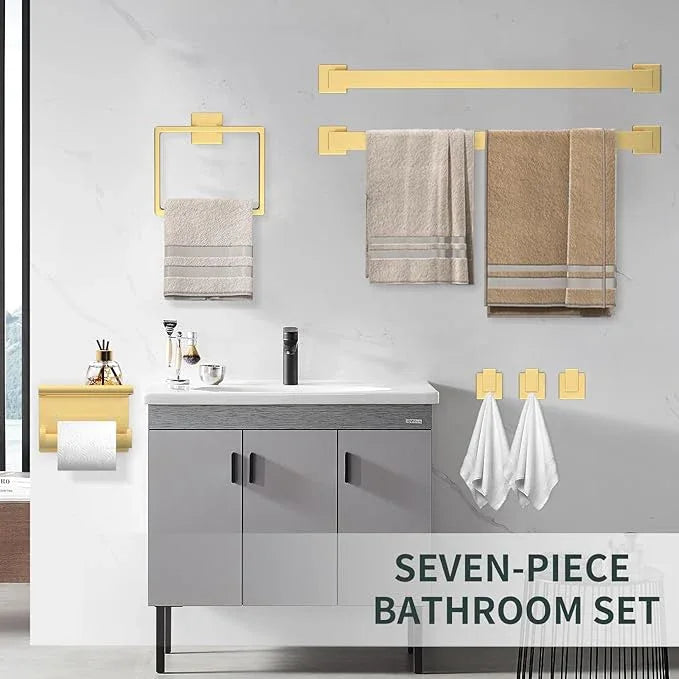 7 Piece Gold Bathroom Hardware Set with Brushed Gold Bathroom Accessories - Square 2 Towel Bars Towel Rack Stainless Steel 23-Inch - ModernBath