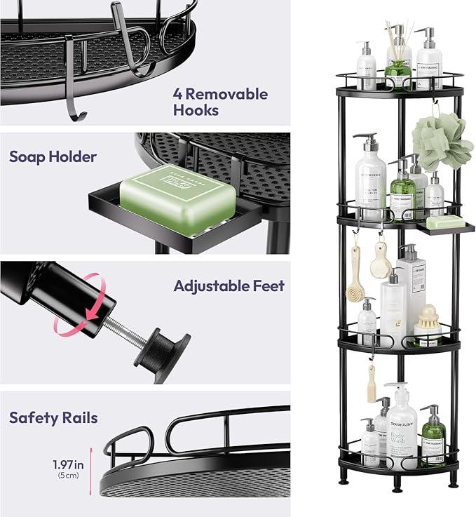 SWTYMIKI Corner Shower Caddy Standing - 4 Tier Stainless Steel Shower Organizer Stand with 4 Hooks & Soap Holder, Rustproof Metal Standing Tall Floor Shower Shelf and Bathroom Organizer, Black - ModernBath