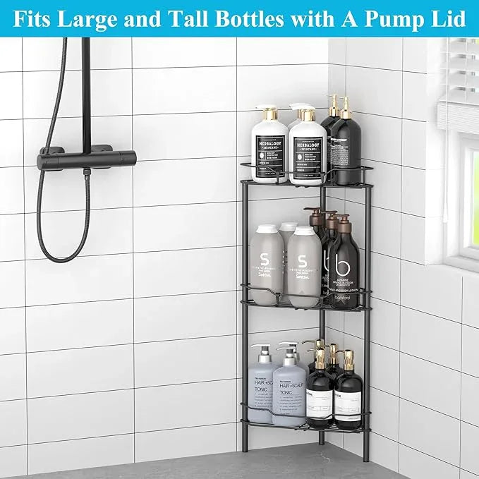 3 Tier Floor Standing Corner Shower Caddy Organizer Shelf with Hooks, Bathroom Shelves Stand Rack, Matt Black - ModernBath