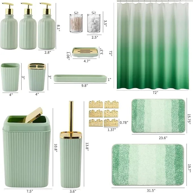 WSBArt 32PCS Bathroom Set Bathroom Sets with Shower Curtain and Rugs Green Bathroom Accessories,Shower Curtain Set,Bathroom Rug Set with Bathroom Trash Can - ModernBath