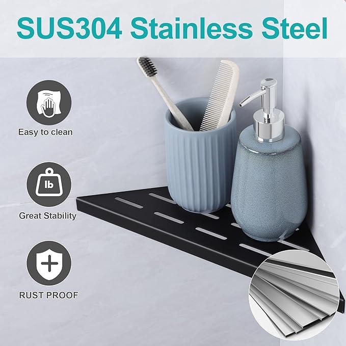 10" Corner Shower Shelf, 1-Pack Bathroom Shelves for Tile Walls, SUS304 Stainless Steel Recessed Shower Shelf, Grout in Corner Organizer Shelves, Matte Black - ModernBath