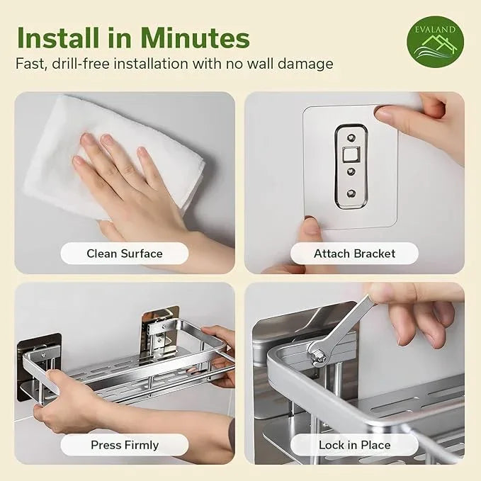 EVALAND Shower Caddy Adhesive 2-Pack with Hooks and Rod for Towels, Silver – Premium Bathroom Shower Shelves, Shampoo Organizer, Bathtub Shelf, Rustproof, Easy Installation, Sturdy Modern Look - ModernBath