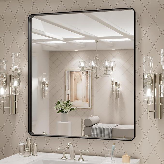 LOAAO 32x36 Inch Black Metal Framed Bathroom Mirror for Wall, Matte Black Bathroom Vanity Mirror Farmhouse, Large Rounded Rectangle Mirror, Anti-Rust, Tempered Glass, Hangs Horizontally or Vertically - ModernBath