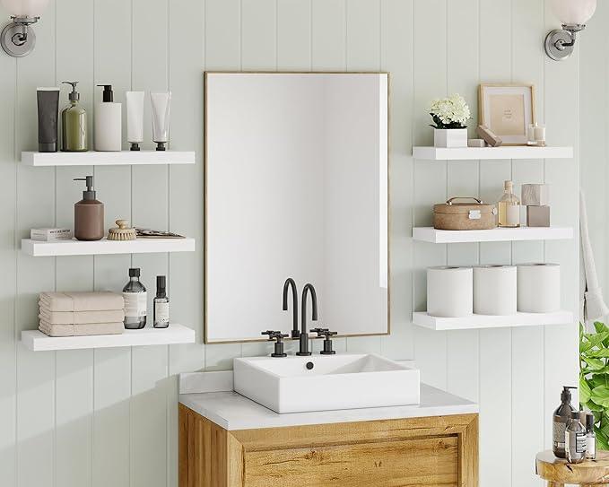 Fixwal 15.8in White Floating Shelves, Set of 6 Wood Shelves, Farmhouse Shelf Wall Decor for Bathroom, Bedroom, Living and Kitchen Room - ModernBath