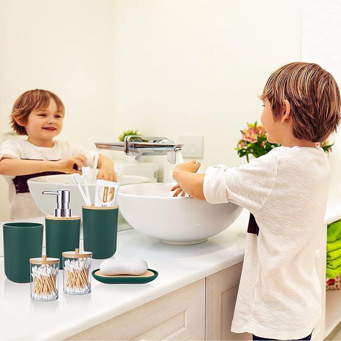 SLDIYWOW 9-Piece Dark Green Bathroom Accessories Set with Trash Can, Tray, Soap Dispenser, Toothbrush Holder, Toothbrush Cup, Soap Dish, Toilet Brush and Q-tip Holders for Bathroom/Housewarming - ModernBath