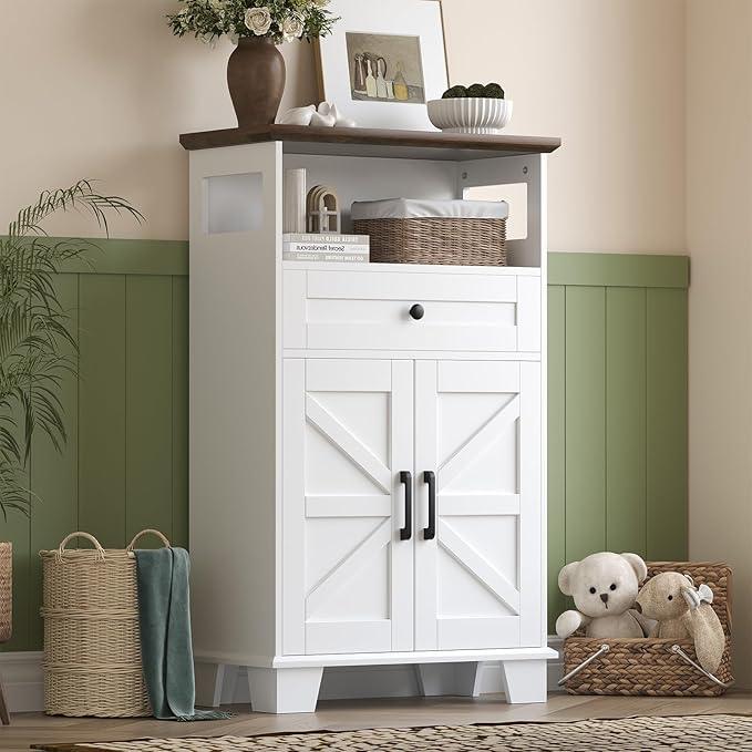 Farmhouse Bathroom Storage Cabinet with Drawer & Adjustable Shelves, White 23.6" Wide Freestanding Floor Cabinet, Barn Door, Sturdy Wood, for Kitchen, Entryway (23.6 * 11.8 * 39.3" (Floor)) - ModernBath