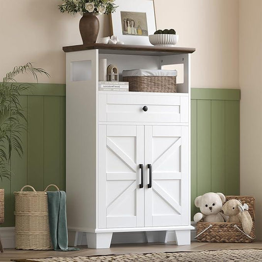 Farmhouse Bathroom Storage Cabinet with Drawer & Adjustable Shelves, White 23.6" Wide Freestanding Floor Cabinet, Barn Door, Sturdy Wood, for Kitchen, Entryway (23.6 * 11.8 * 39.3" (Floor)) - ModernBath