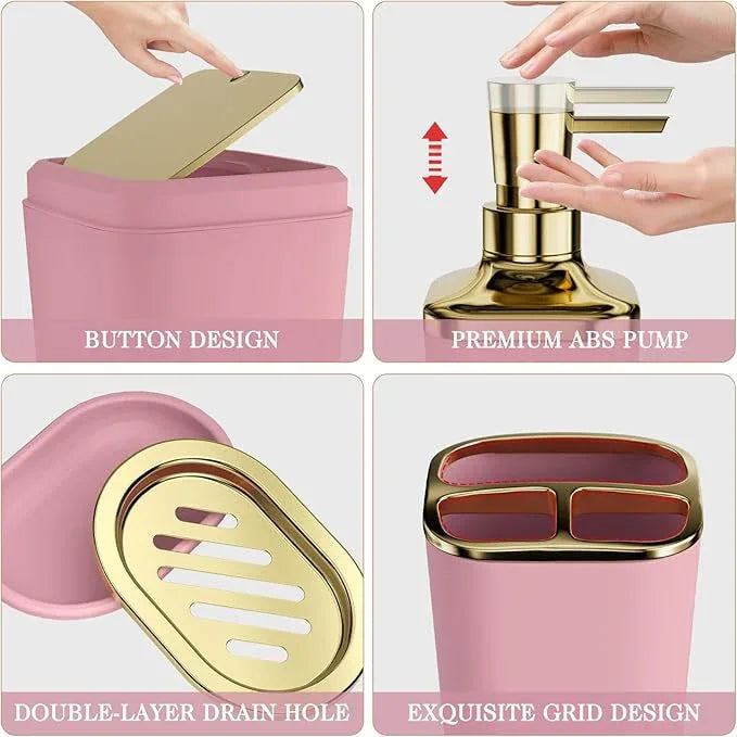 XLHOMO Bathroom Accessories Set - 25PC Bathroom Set with Shower Curtain and Rugs, Pink Bathroom Set, Bathroom Accessory Set with Press-on Lid Trash Can, Soap Dispenser and Qtip Holders - ModernBath