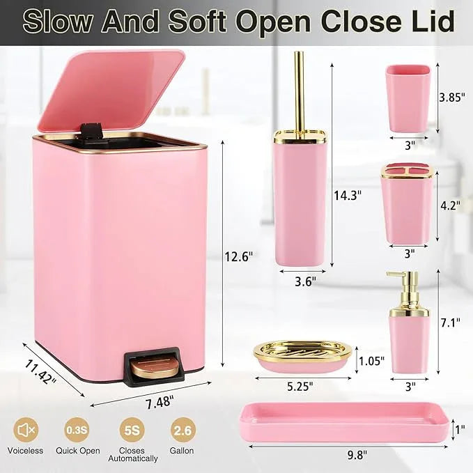 XLHOMO Pink Bathroom Accessories Set 8 Piece Pink and Gold Bathroom Set, Bathroom Sets with Stainless Steel Trash Can,Toilet Brush,Toothbrush Set,Soap Dispenser - ModernBath