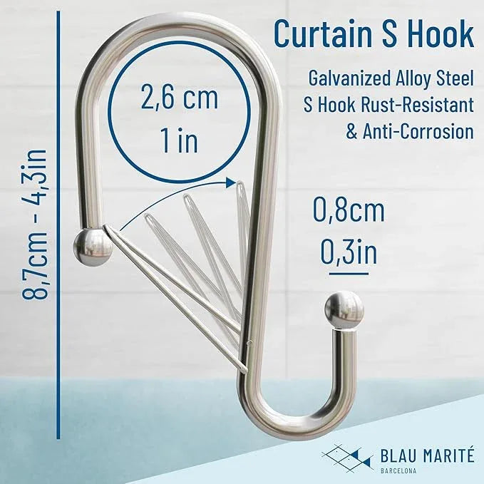 Blau Marité Set of 12 Silver Metal S Hook Shower Hooks 1” – Closed, Heavy Duty, Long Decorative Shower Curtain Hooks, Easy Glide, Buckle, Large Rust Resistant Rings for Bathroom Rods (Silver, S) - ModernBath