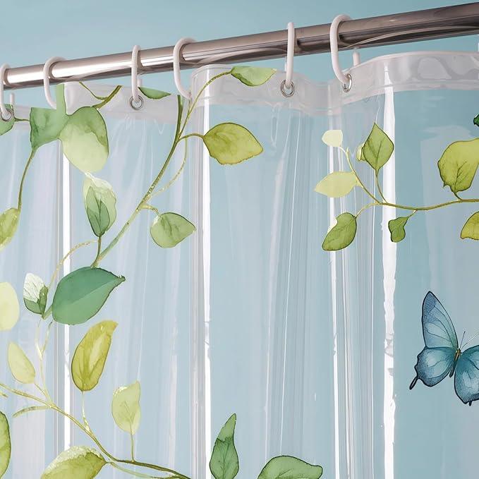 CAPQL Clear Green Vine Blue Butterfly Shower Curtain Liner, Plastic Transparent Green Plant Shower Curtains for Bathroom, 72x72 Weighted Magnetic Shower Curtain Set with 12 Hooks - ModernBath