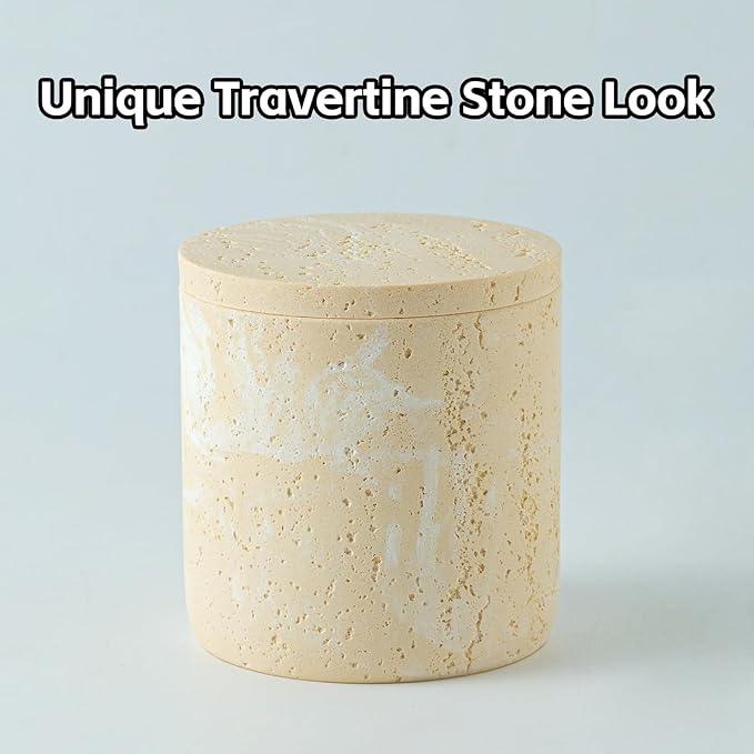 WUUAHOME Bathroom Accessories Set, Travertine Stone-Look, 6 PCS Bathroom Accessory Set with Soap Dispenser, Toothbrush Holder, Tumbler, Vanity Tray, Cotton Swab Jars for Countertop (Yellow) - ModernBath