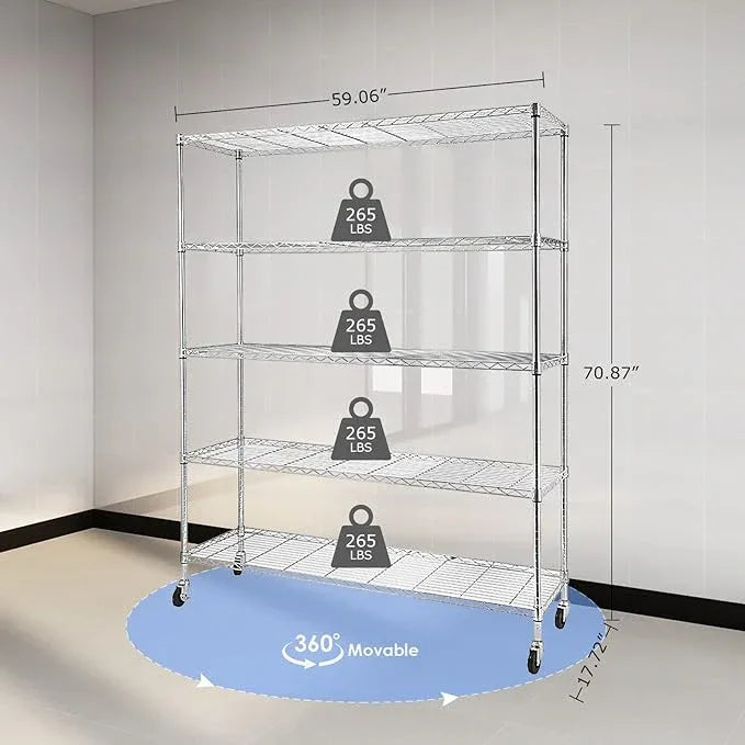 BNSPLY Commercial Wire Shelving Unit with Wheels, 5 Tier Adjustable Wire Shelves with NSF Certified, Heavy Duty Metal Storage Rack Shelf Unit for Kitchen, Garage (17.7" D x 59" W x 71" H, Chrome) - ModernBath