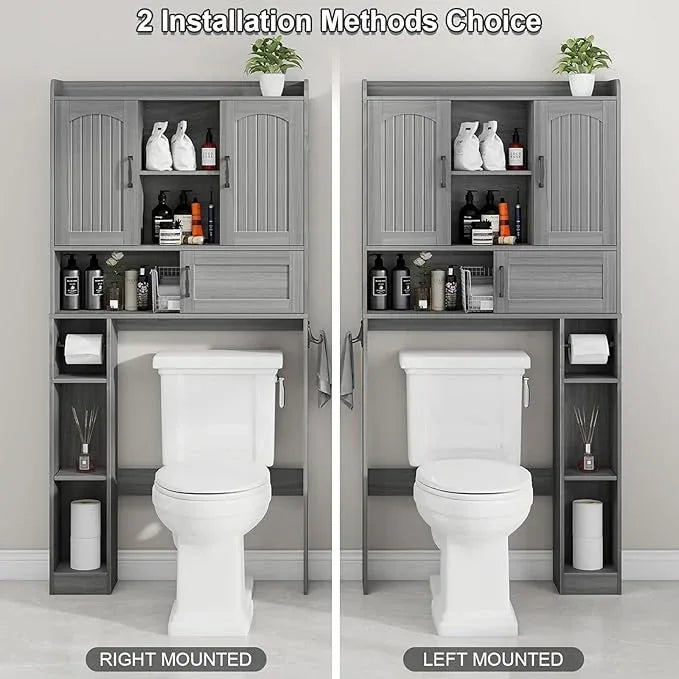 Vabches Farmhouse Over The Toilet Storage Cabinet with 2 Barn Doors & Sliding Door, Over The Toilet Bathroom Organizer with Open Storage Layer and Adjustable Shelves & Hooks.Grey - ModernBath