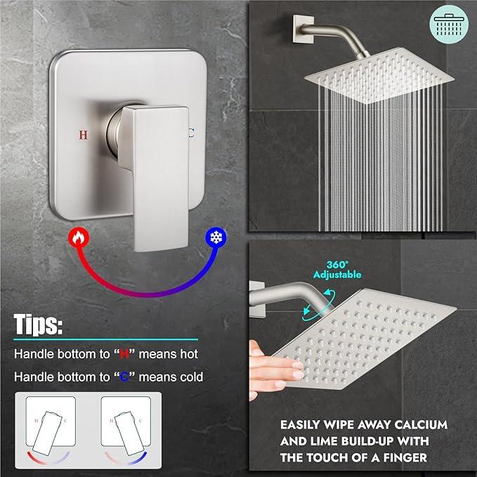 Heyalan 8 Inch Shower Head and Handle Set Square Shower Faucet Set Bathroom Rainfall Shower Faucet Set Stainless Steel Showerhead Single Function Shower Trim Kit,Male Thread Valve,Brushed Nickel - ModernBath