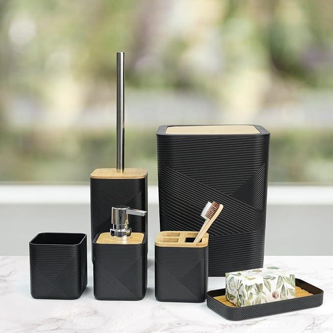 CERBIOR Bathroom Accessories Set 6 Piece Bamboo Bath Ensemble Includes Soap Dispenser, Toothbrush Holder, Toothbrush Cup, Soap Dish for Decorative Countertop and Housewarming Gift (Black) - ModernBath
