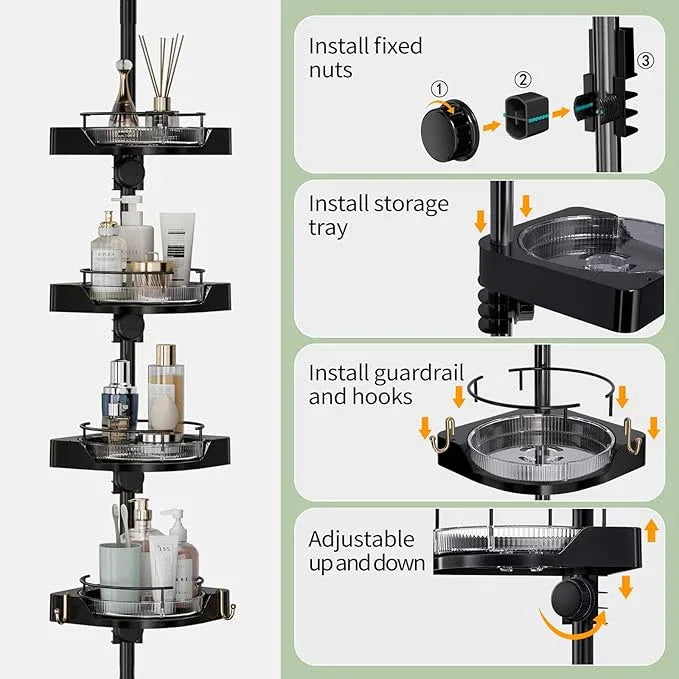 akinbas Shower Caddy Tension Pole with 4 L-Lazy Susan Organizer 360 Rotating 35-128 Inch No Drilling Floor Standing Shelves Adjustable Shower Rack for Bathroom Corner (Black) - ModernBath