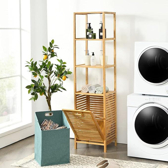Giantex 63'' Tilt Out Laundry Hamper and 4-Tier Storage Shelves, Removable Clothes Basket with Easy Carry, Bamboo Tower Hamper Organizer, Great for Bathroom, Bedroom, Laundry Room, Closet, Nursery - ModernBath