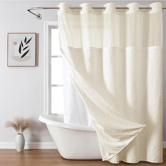 eachope no Hook Shower Curtain and Liner Set，Boho Style with See Through Top Window, Cream Fabric Tufted Striped Textured Outer Curtain & Waterproof Inner Liner, Beige/Cream, 71Wx77H - ModernBath