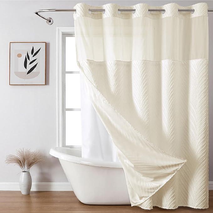 eachope no Hook Shower Curtain and Liner Set，Boho Style with See Through Top Window, Cream Fabric Tufted Striped Textured Outer Curtain & Waterproof Inner Liner, Beige/Cream, 71Wx86H - ModernBath
