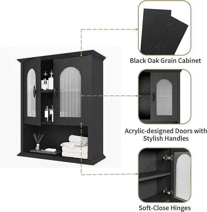 CJL Bathroom Wall Cabinet with Fluted Door, 18.9'' x 23.6'' Medicine Cabinet, Over The Toilet Storage Cabinet, Black - ModernBath