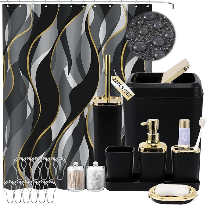 XLHOMO Black Bathroom Set, Bathroom Sets with Stripe Shower Curtain, Black and Gold Bathroom Accessories with Trash Can, Soap Dispenser, Soap Dish, Toilet Brush Holder, Qtip Holders for Bathroom - ModernBath
