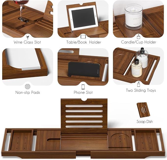 Wooden Bathtub Tray for Luxury Bathroom, Expandable Premium Teak Bath Tray, Adjustable Bath Accessories for Tub, as Unique Housewarming, Holiday, Birthday Gifts - ModernBath