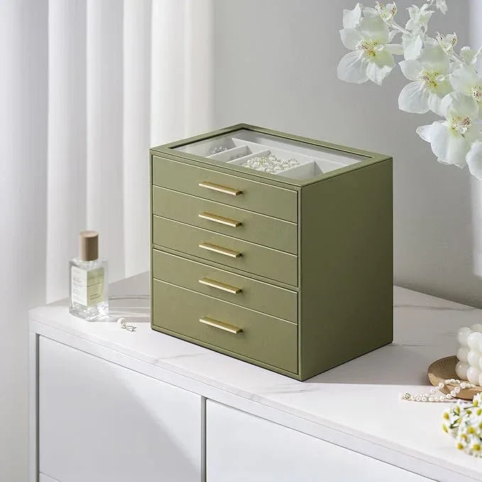 Jewelry Box Organizer Case for Women: 5-Layer Jewelry Storage Case with Glass Window, Olive Green Leather with Cream Velvet, Holder for Ring Necklace Bracelet Brooch Watch, Great Gift for Her - ModernBath