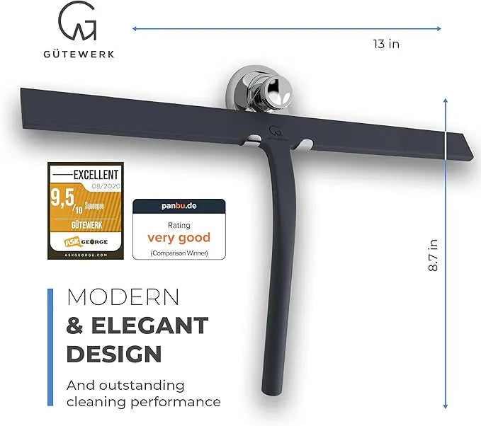 GÜTEWERK Shower Squeegee for Glass Doors, Silicone Window Squeegee, Bathroom and Glass Cleaning - Black - 13 Inch - ModernBath