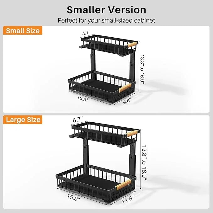 PXRACK 1 Pack Under Sink Organizer,Adjustable Height,2 Tier Pull Out Under Cabinet Organizer,Slide Out Thickened Metal Under Sink Storage for Kitchen Bathroom Laundry Cabinet Pantry,Black(S) - ModernBath