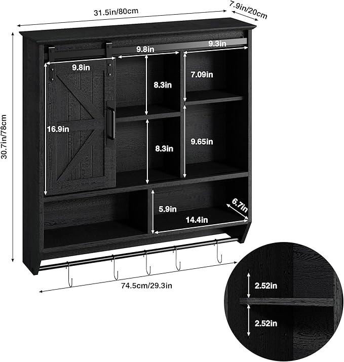 RUSTOWN Farmhouse Bathroom Wall Cabinet,3-Tier Rustic Wood Wall Mounted Cabinets,Vintage Medicine Cabinet with Sliding Barn Door and Adjustable Shelves,Over The Toilet Storage Cabinet (Black) - ModernBath